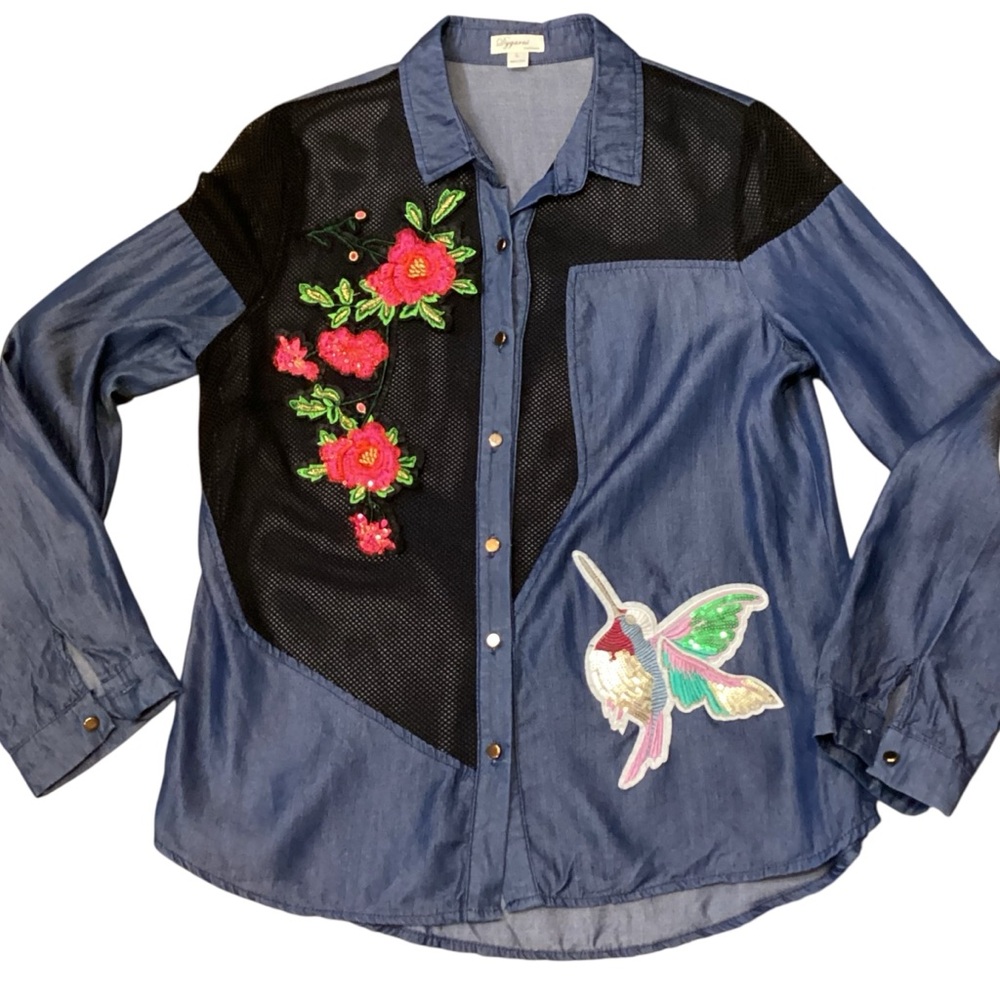 Dygarni Embroidered Sequin Chambray Mesh Button Shirt Women’s Large Hummingbird‎